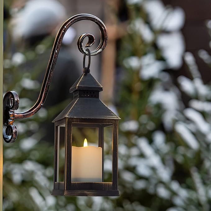 Yongmao Vintage Golden Brushed Black Lantern Decorative LED Flickering Flameless Candle with Timer, Battery Powered LED Decorative Hanging Lanterns for Indoor Outdoor Garden Yard Home Decor(4 Pack)
