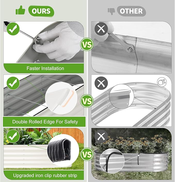 Permade Galvanized Raised Garden Bed - 8x2x1.4FT Metal Planter Boxes Outdoor | Oval Steel Raised Bed Kit for Gardening with Protective Tape, Bracing Rods, Gloves for Vegetables, Flower, Herb (White)