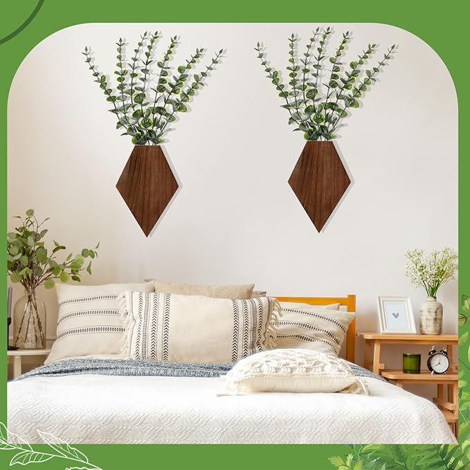 Chunful 2 Pcs Wooden Wall Planter Decor Hanging Fake Plants Greenery Flowers Holder Vase Boxes for Wall Bohemian Farmhouse Room Kitchen Office Indoor Decoration(Walnut Color,7.1 x 4.7 x 1.2 Inches)