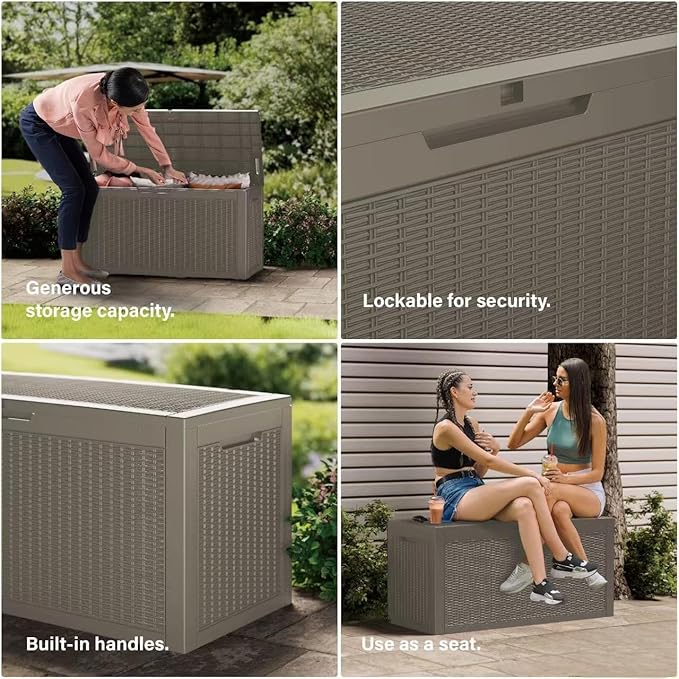 200 Gallon Resin Deck Box, Waterproof Outdoor Storage Box for Patio Furniture, Garden Tools, and Pool Accessories, Lockable UV-Resistant Storage Bin Bench Cabinet for Outside, Grey
