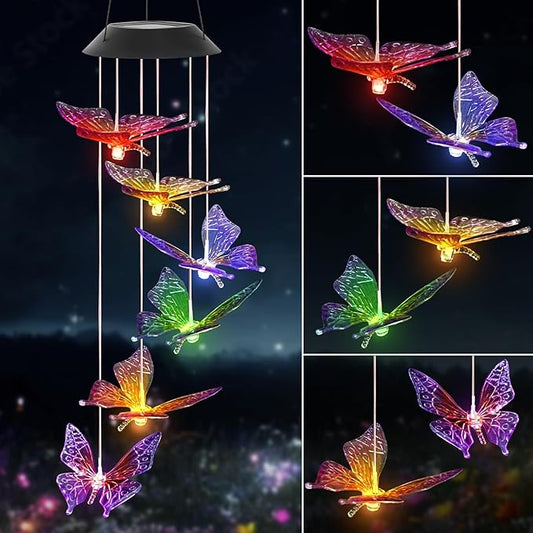 Butterfly Solar Wind Chimes Outdoor Decor Colors Changing Waterproof Lights Best Gifts for Mom Hanging Powered Mobile Butterfly Decorations for Garden Patio Yard Indoor Outdoor