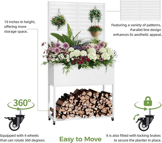 Metal Planter Box with Trellis, 3 in 1 Raised Garden Bed with Trelli & Firewood Rack, Privacy Planter Screen for Climbing Plants, Vine, Outdoor Garden Standing Beds with Drainage Holes, Wheels,White