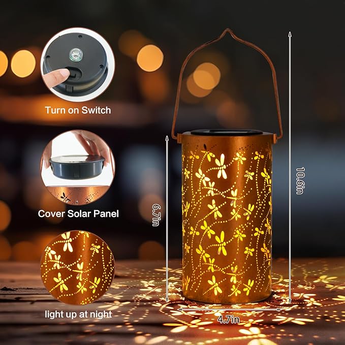 Birthday Gifts for Women Mom Grandma Ladies Solar Lanterns Outdoor Hanging Dragonfly Hollowed-Out Metal Waterproof LED Garden Decor Outside for Patio Yard Porch