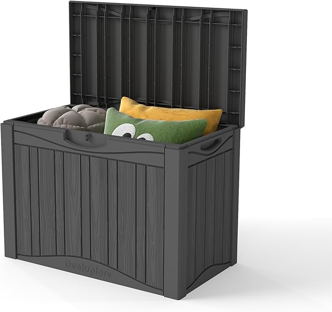 Decksplore Outdoor Storage Box Small, Lockable 45 Gallon Deck Delivery Box Waterproof, Resin Patio Storage Bin for Pool Accessories Cushion Furniture, Garden Tools, UV-Resistant Outside Black