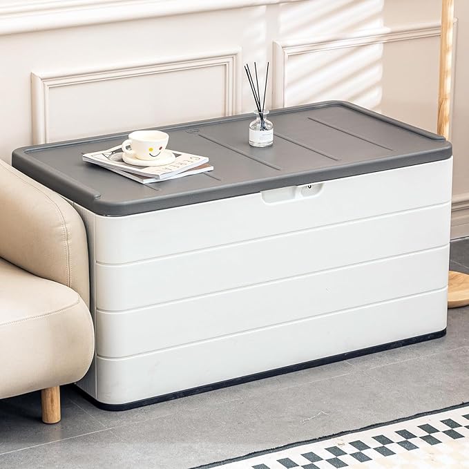 100GAL-White，European Style Small Cabinet - White Waterproof Resin Storage Bin for Patio Cushions，Accessories，UV Resistan