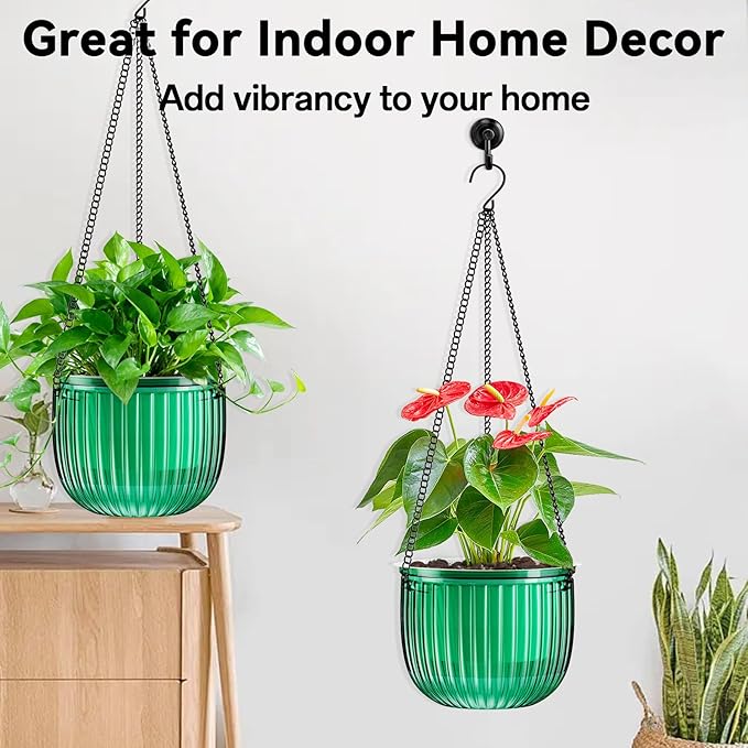 Halatool 2 Pack Self Watering Hanging Planters for Plants, 8.3 Inch Hanging Baskets, 3 Hooks Plant Hangers with Drainage Holes for Gardening (Green)