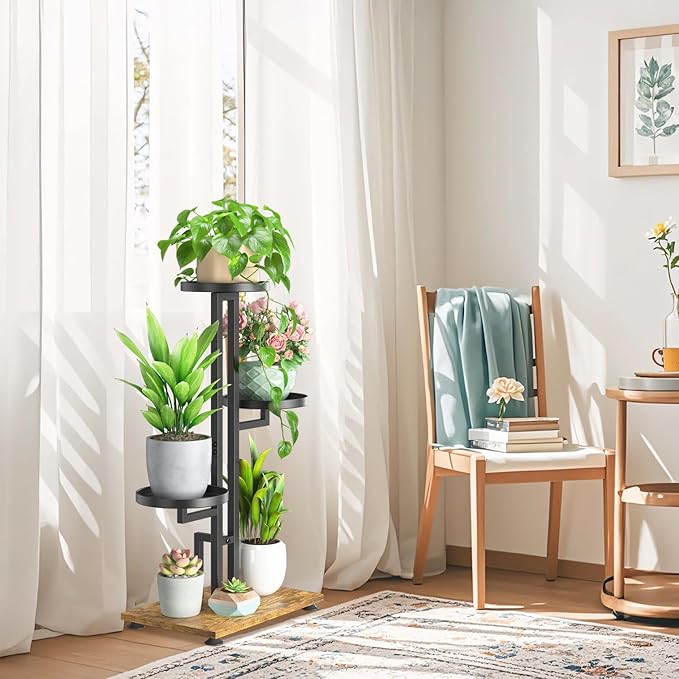 LASZOLA Black 3 Tiered Plant Stand Indoors Heavy Duty Metal Rack, Sturdy Multi Level Shleving Hold Flowers, Larger House Decorate Ladder for Planting Inside Tree Herb Cactus, Wooden Base, Space Saving