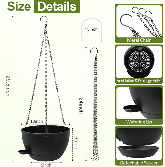 WOUSIWER Self Watering Hanging Planters, 2 Pack 10'' Plastic Pots with Drainage Holes & Reservoir Tray (Black) | Indoor & Outdoor Use for Ferns, Ivy, Herbs, Succulents