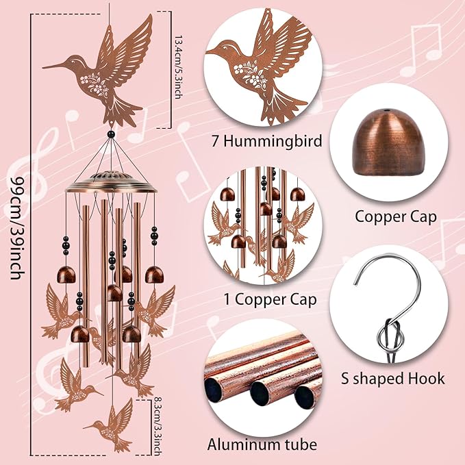 Hummingbird Wind Chimes for Outside - Hummingbird Gifts for Women Men, Memorial Wind Chimes for Outdoor, Garden Patio Yard Decor, Birthday Mother's Day for Mom Grandma