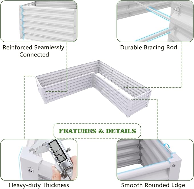 A ANLEOLIFE 2 Set L-Shaped Galvanized Raised Garden Beds Outdoor,74x74x18in Large Metal Planter Box for Planting Vegetables Flowers Herb, Anti-Rust & Easy-Setup, Antique White