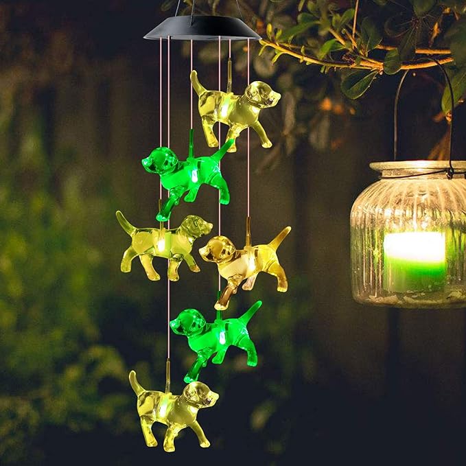 JOBOSI Dog Wind Chimes, Solar Dog Lights for Outside, Gifts for Dogs Lovers, Birthday Gifts for Women, Mom, Ded, Grandma, Garden Lawn Yard Outdoor Decor Mobiles Wind Chime, Dogs Themed Gift