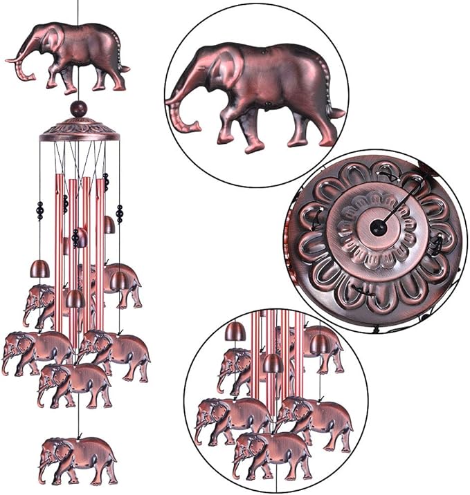 Garden Elephant Wind Chimes Outdoor Indoor Decor - With 4 Tubes 6 Bells 7 Elephants Wind Chime, Mobile Wind Catcher, Elephant Windchimes for Home, Mom Gifts, Balcony, Tree, Festival, Garden Decoration