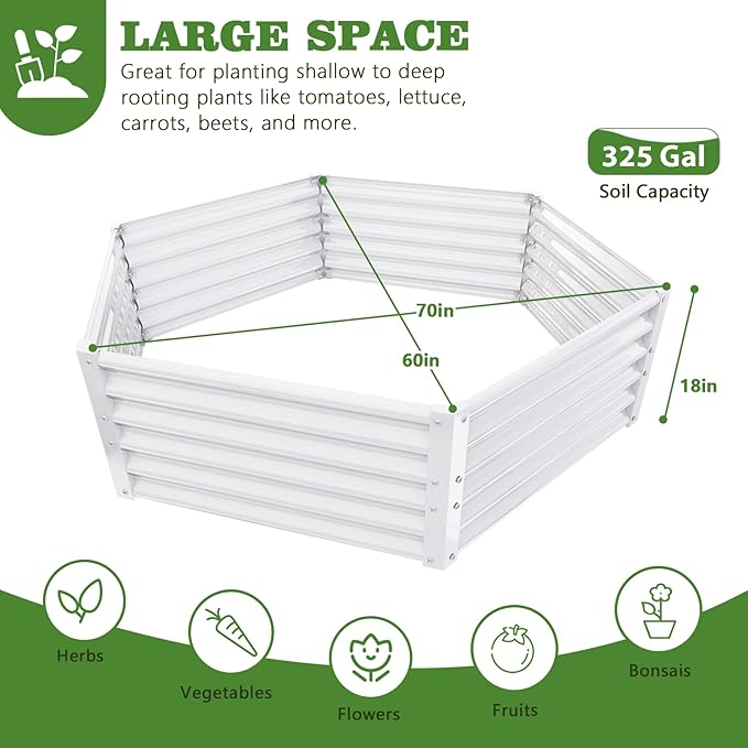 A ANLEOLIFE 3 Set Hexagon Galvanized Raised Garden Beds Outdoor,70x60x18in Metal Planter Box for Planting Vegetables Flowers Herb, Anti-Rust & Easy-Setup, Antique White