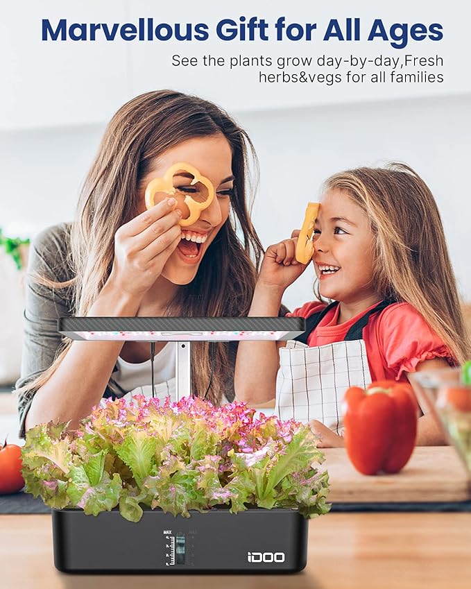 iDOO Hydroponics Growing System Kit 12Pods, Christmas Gifts for Women Mom, Herb Garden Indoor with LED Grow Light for Home, Built-in Fan, Auto-Timer, Adjustable Height Up to 11.3", 12Pods Kit-Black