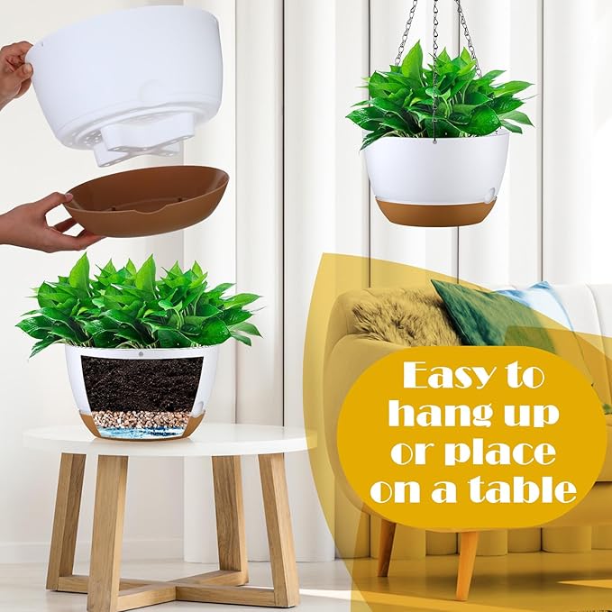 Remerry 6 Pcs 11.2 Inch Hanging Planters Hanging Plant Basket for Indoor Outdoor Plants Set Plastic Hanging Flower Pot with Drainage Holes and Removable Trays for Home Garden (White)
