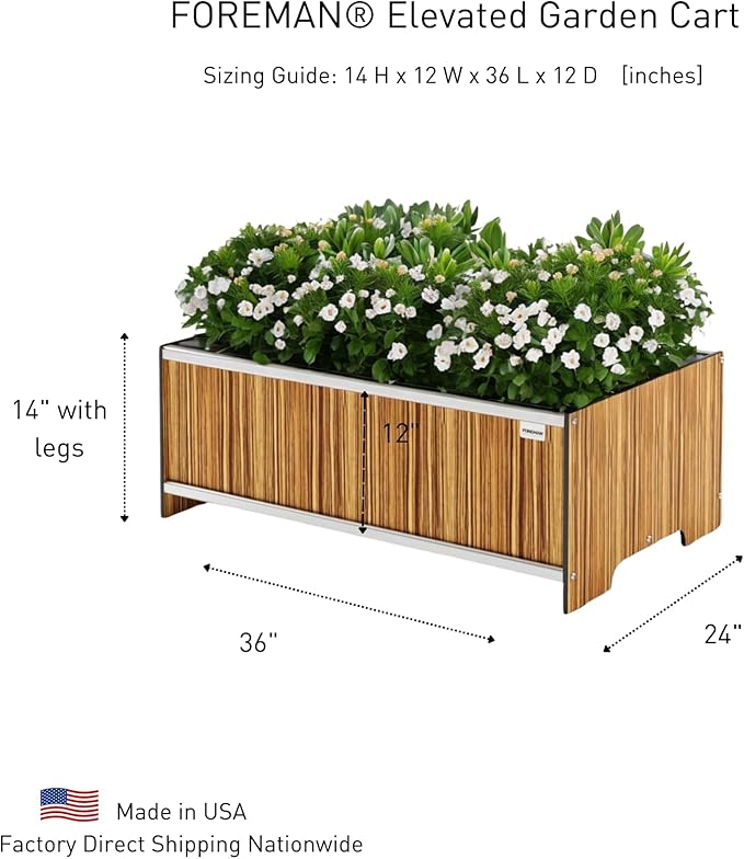 Foreman Raised Garden Bed 10 Year Warranty 36”Lx24”Wx14”H Premium Plastic Wood Grain Aluminum Frame Elevated Planter Box for Backyard Patio Balcony, Zebrano