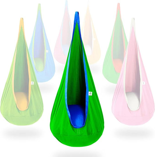 OUTREE Kids Pod Swing Seat, Cotton Child Hammock Swing Chair, Sensory Swing for Indoor and Outdoor Use, Green and Blue