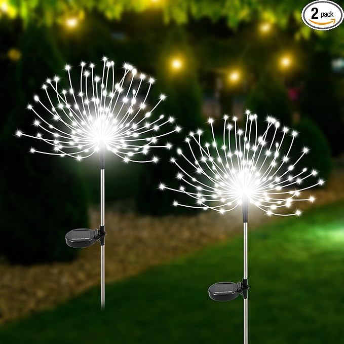 Solar Garden Lights Outdoor Waterproof, 2 Pack 120 LED Solar Firework Lights Decorative Garden Décor Outside for Flowerbed Pathway Party Christmas Decoration, White