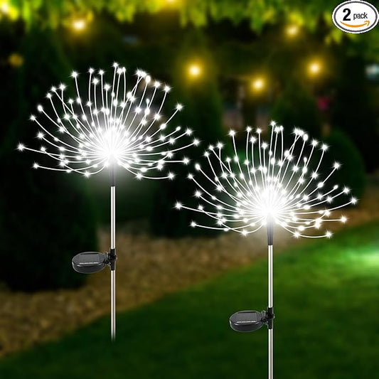 Solar Garden Lights Outdoor Waterproof, 2 Pack 120 LED Solar Firework Lights Decorative Garden Décor Outside for Flowerbed Pathway Party Christmas Decoration, White