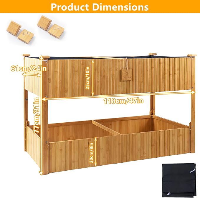 Raised Garden Bed - 2-Tier Elevated Planter Box for Herbs, Vegetables, Succulents & Flowers | 48x25x30 Inch Standing Growing Bed | Outdoor/Indoor Bamboo Planter