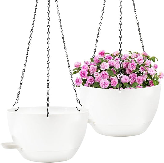 12 inch Hanging Planters for Indoor Plants, 2 Pack Self-Watering Hanging Planter Pots with Chain and Drainage Holes, Outdoor Plastic Hanging Baskets for Garden Home Decor (White, 2pcs/12inch)