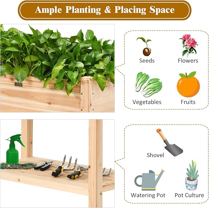 S AFSTAR Raised Garden Bed with Storage Shelf, Elevated Cedar Wood Planter Box with Legs, Outdoor Gardening Planting Bed for Vegetables Flower Herb Grow, Great for Backyard Patio Lawn