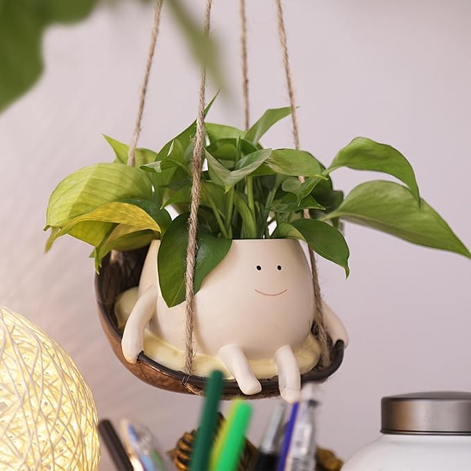 NINIPAPA Hanging Swing Chair Planter Pot Smile Face Plant Pot for Indoor Outdoor Plants Cute Head Flower Pots for Succulent String of Pearls Unique Gift on Mother's Day, Birthday, Christmas