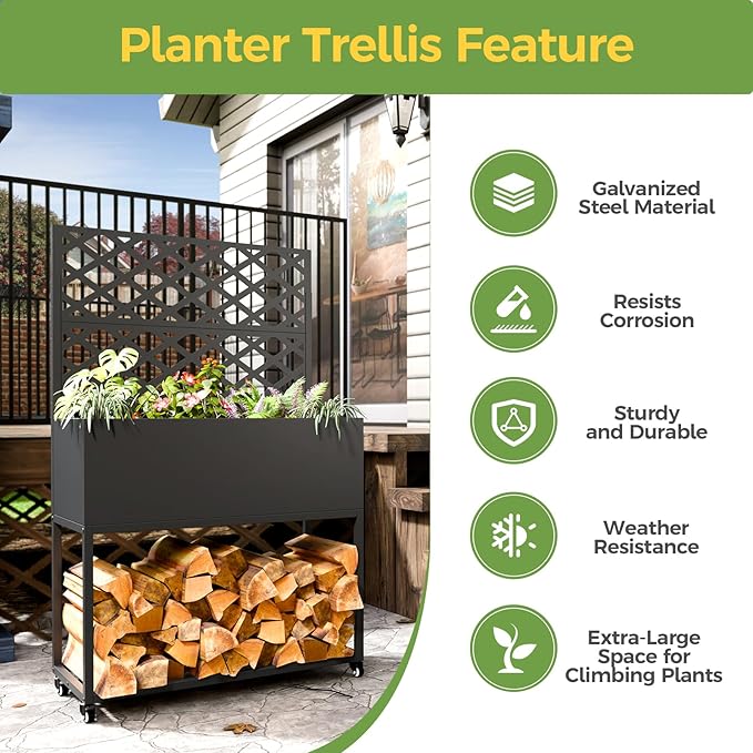 Metal Planter Box with Trellis, 3 in 1 Raised Garden Bed with Trelli & Firewood Rack, Privacy Planter Screen for Climbing Plants, Vine, Outdoor Garden Standing Beds with Drainage Holes, Wheels,Black