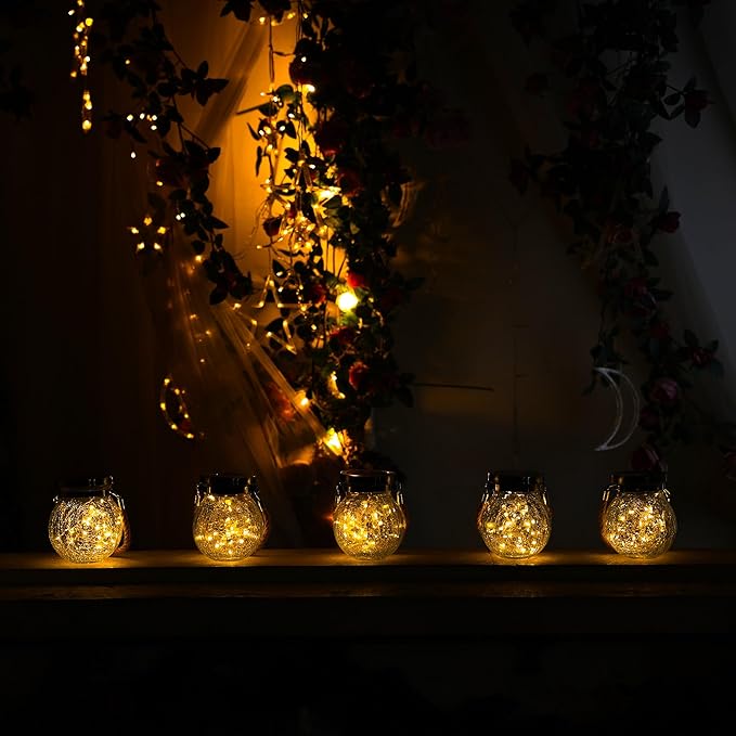 Cooo Christmas Gifts 2 Pack Solar Lanterns Waterproof Outdoor Heavy Crackle Glass 30 LED Warm Firefly Lights Stainless Steel Lid 215% Solar for Women Mom Grandma Outdoor Table Lamps Garden Yard Decor