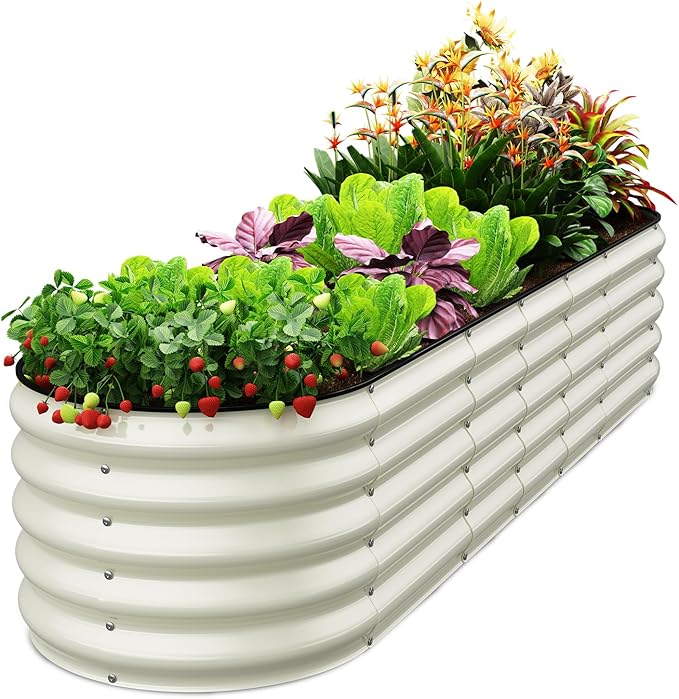 Galvanized Raised Garden Bed, 8x2x1.5 FT Oval Metal Planter Box for Outdoor, 18” Raised Beds for Gardening Vegetables Flower Herb(Pearl White)