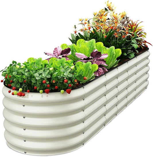 Galvanized Raised Garden Bed, 8x2x1.5 FT Oval Metal Planter Box for Outdoor, 18” Raised Beds for Gardening Vegetables Flower Herb(Pearl White)