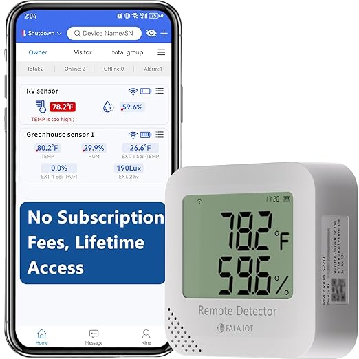 WiFi Temperature & Humidity Monitor, No Subscription 24/7 Remote Temp Sensor with Email, Text Alerts, Sound & Light Alarm, Idea for RV, Pet, Greenhouse, Farm, Freezer, Server Room,S22D