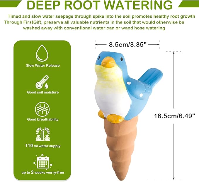 FirstGift 4 Pack Plant Self-Watering Stakes Terracotta Automatic Plant Waterer Devices Watering Globes Self-Watering Clay Planters Devices Perfect for Vacation Garden Plant Care （Blue/Red Bird）