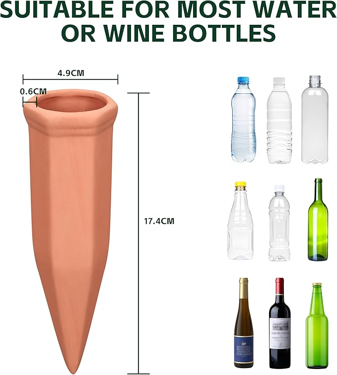 Large Terracotta Watering Spikes with Lids, Automatic Plant Waterer Outdoor | Indoor, Vacation Friendly Clay Plant Watering Devices System, Slow Release Self Watering Planter Insert, 8 Pack