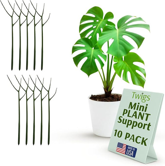 Twigs GA - Mini Twigs Plant Support Stakes for Small Plants, Indoor & Outdoor Use, Gardening Supplies, Garden Accessories, Trellis & Ring Alternative - Monstera (Dark Green), 10 Pack, 12" L