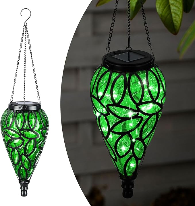 Solar Hanging Lantern Outdoor Lights, Tear-Shaped 15 LEDs Cool White Hanging Lights with S Hooks Decor in Garden, Yard, Pathway, Front Door and Landscape