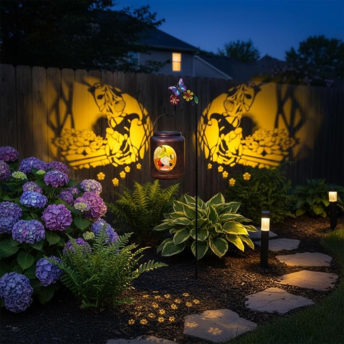 Solar Lanterns Outdoor Waterproof Metal Gnome Patterns with Resin Gnome Inside Garden Decor Gifts for Women Mom Grandma Hanging Solar Lights Decoration Outside for Yard, Patio, Backyard, Porch
