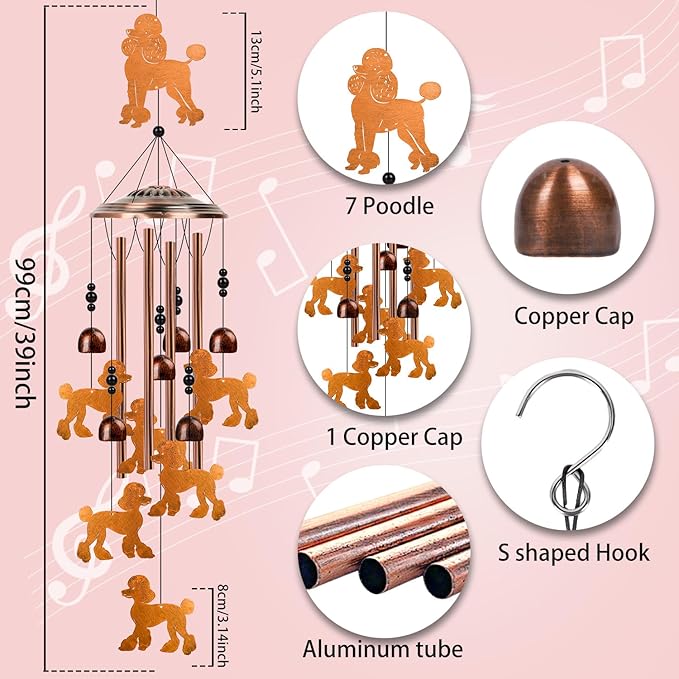 Poodle Wind Chimes for Outside - Poodle Gifts for Women Men, Christmas Birthday Housewarming Gifts Idea, Metal Dog Memorial Sympathy Wind Chimes for Outdoor Garden Patio Yard Porch Decor