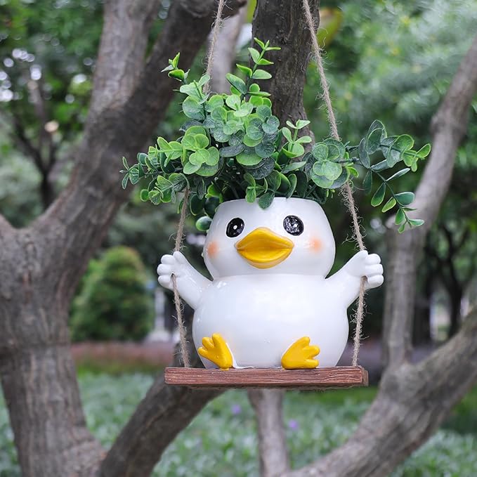 Cute Swing Duck Hanging Planters for Indoor Plants Small Succulent Pots with Drainage Hole Unique Resin Outdoor Plant for String of Pearls Gift Ideas for Mother Day Christmas