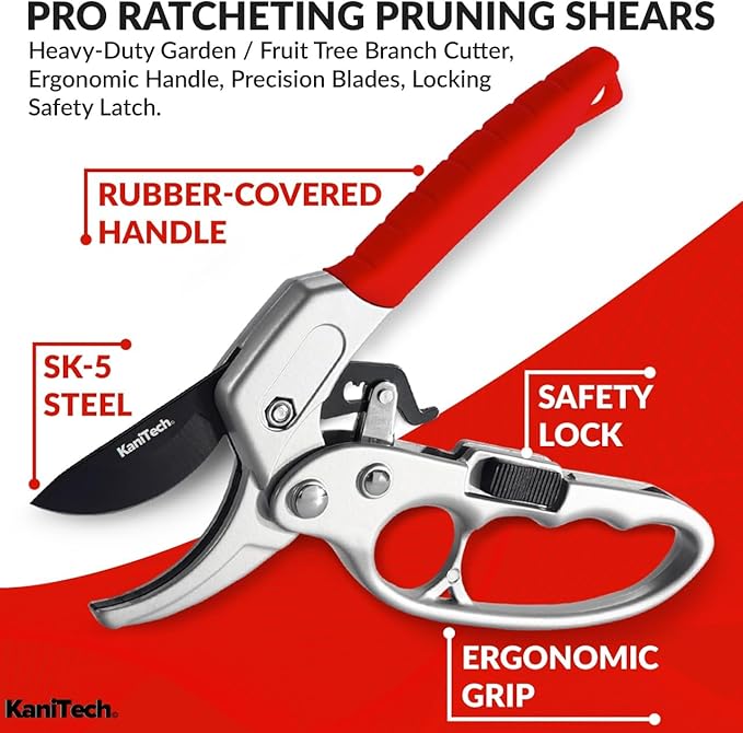 KaniTech Pruning Shears for Gardening with Gloves - Heavy Duty Garden Shears, Aluminum Hand Pruners with TPR Grip Handle, 8 inch 3.55mm Thick Blade - for Branches, Flowers & Plants (Red)