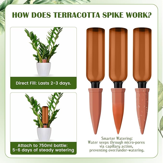 12 Pcs Self Watering Spikes for Plants Terracotta Automatic Plant Waterer Stakes with(25.5 Oz) PET Bottles, 6 Set Self Watering Globes Keep Plants Watered for 7-9 Days (Brown)