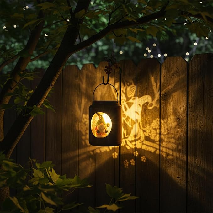 Solar Lanterns Outdoor Waterproof Metal Gnome Patterns with Resin Gnome Inside Garden Decor Gifts for Women Mom Grandma Hanging Solar Lights Decoration Outside for Yard, Patio, Backyard, Porch