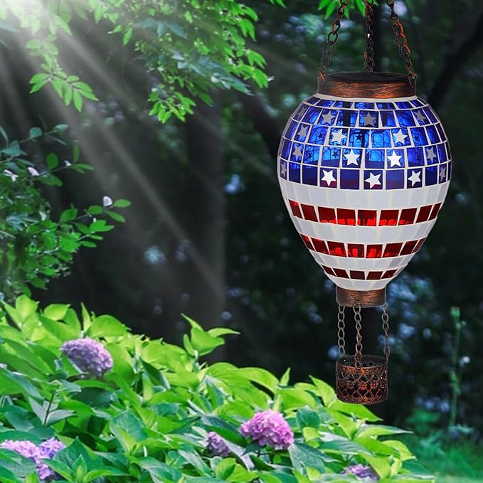 VOREEN American Flag Hot Air Balloon Solar Lantern, Handmade Mosaic Outdoor Hanging Wind Light, IP44 Waterproof, Patio Decorations, Gift for Mom Wife Friend, Patriotic Theme, 4th of July Decor