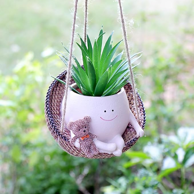 Swing Face Planter Pot Hanging Resin Flower Head Planters for Indoor Outdoor Plants Succulent Pots with Bear Gift Ideas for Mother, Christmas