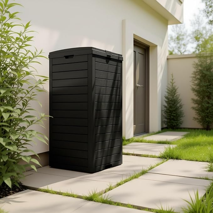 31 Gallon Resin Trash Can Cabinet with Lid & Drip Tray - Waterproof Outdoor Garbage Bin for Patio, Kitchen, Yard, and Entertaining Areas - Easy Assembly, No Tools Required
