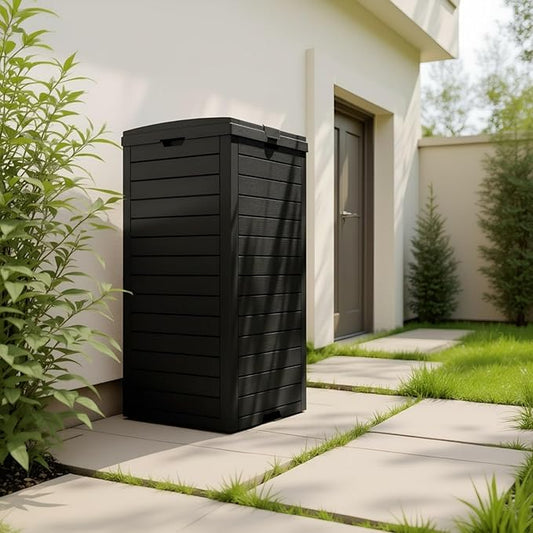 31 Gallon Resin Trash Can Cabinet with Lid & Drip Tray - Waterproof Outdoor Garbage Bin for Patio, Kitchen, Yard, and Entertaining Areas - Easy Assembly, No Tools Required