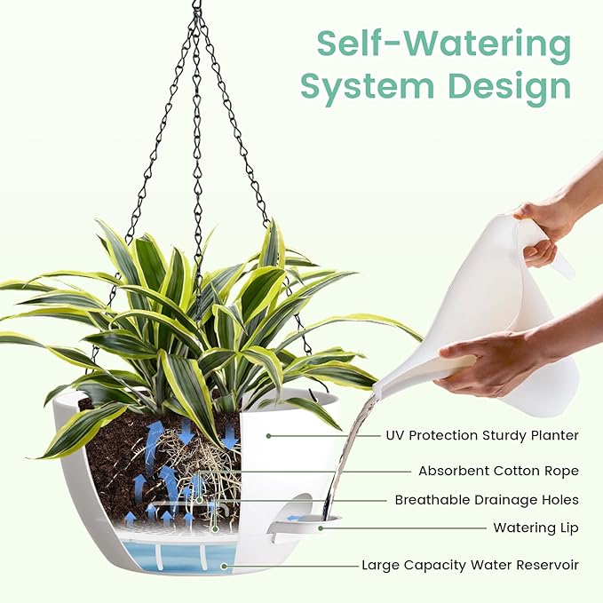 Set of 3-10 Inch Self Watering Hanging Planters for Indoor & Outdoor，Hanging Plant Pots with Drainage & Removable Tray, Hanging Pots for Ivy, Pothos Plant, Spider Plants, Ferns, Balcony & Patio, White