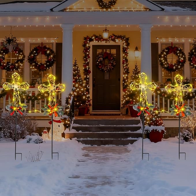 Cemetery Christmas Decorations Cross with 60 String Lights, Christmas Metal Yard Stakes for Gravesite Religious Outdoor Decorations 2 Pack