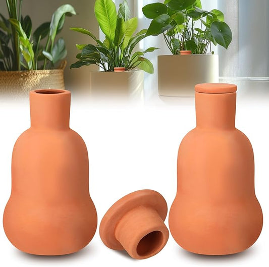 2 Pcs Olla Terracotta Watering Pot with Lid Large15 oz Terra Cotta Self Watering Pots for Indoor Outdoor Plants Self Irrigate Spikes Ceramic Plant Waterer Set (Cute)