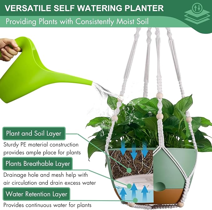 3 Pack 8/10/12 Inch Hanging Planters for Indoor Plants with Self-Watering Includes Hanging Pots for Plants, Outdoor Hanging Flower Pots with Drainage, and 2 Types of Hanging Baskets Hangers (Green)